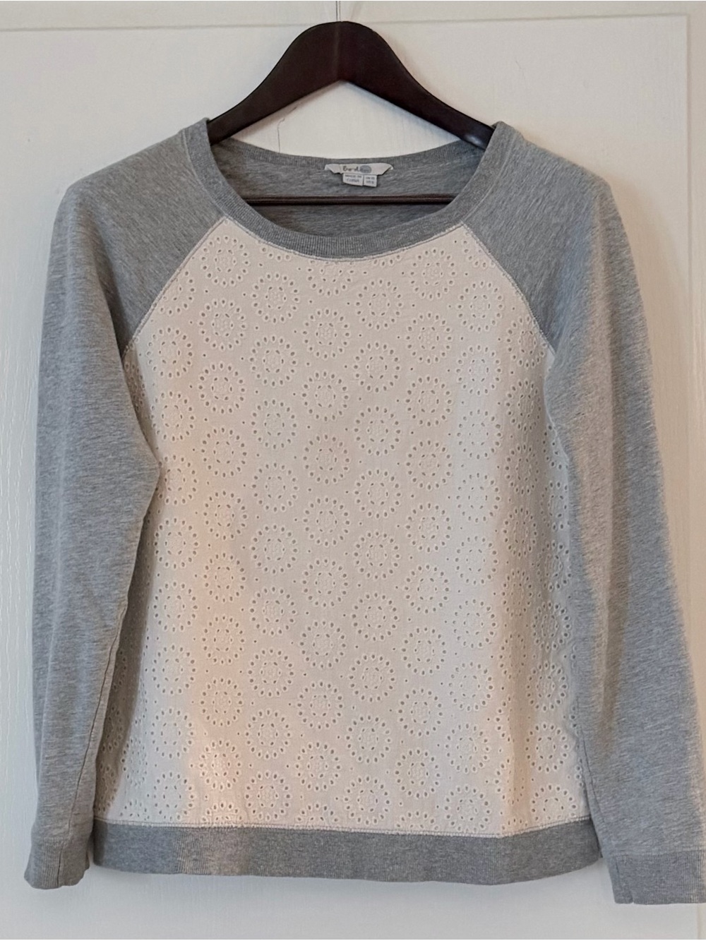 Boden Cream Eyelet Front Raglan Sweatshirt with Gray Sleeves